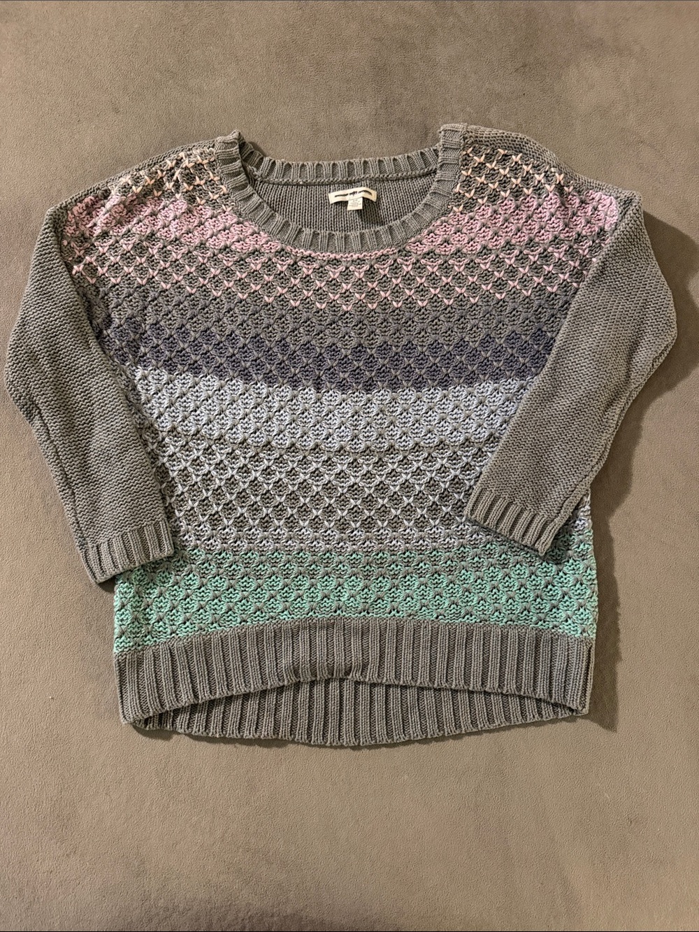 Women's Gray Striped Open-Knit Sweater with Pastel Accents